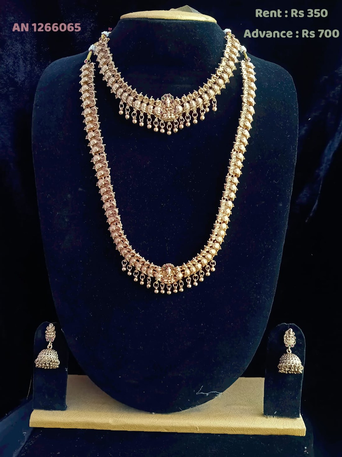 AN 1266065 Antique Gold Rosette Double-Layer Lakshmi Necklace Set on rent - Antique Gold, Ruby Red