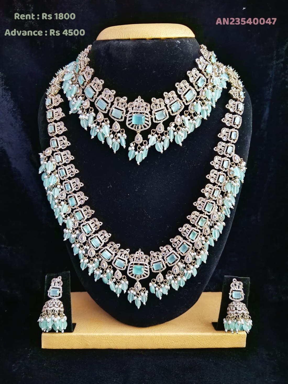 AN 23540047 Sea Green CZ Layered Bridal Necklace Set on rent - Silver, CZ White, Sea Green, Pearl White