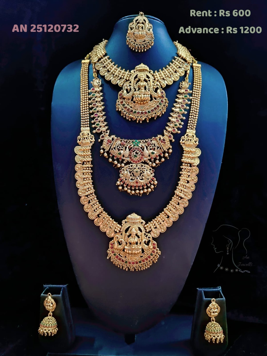AN 25120732 Antique Gold Coin Lakshmi Triple-Layer Haram Set on rent - Antique Gold, Ruby Red, Emerald Green