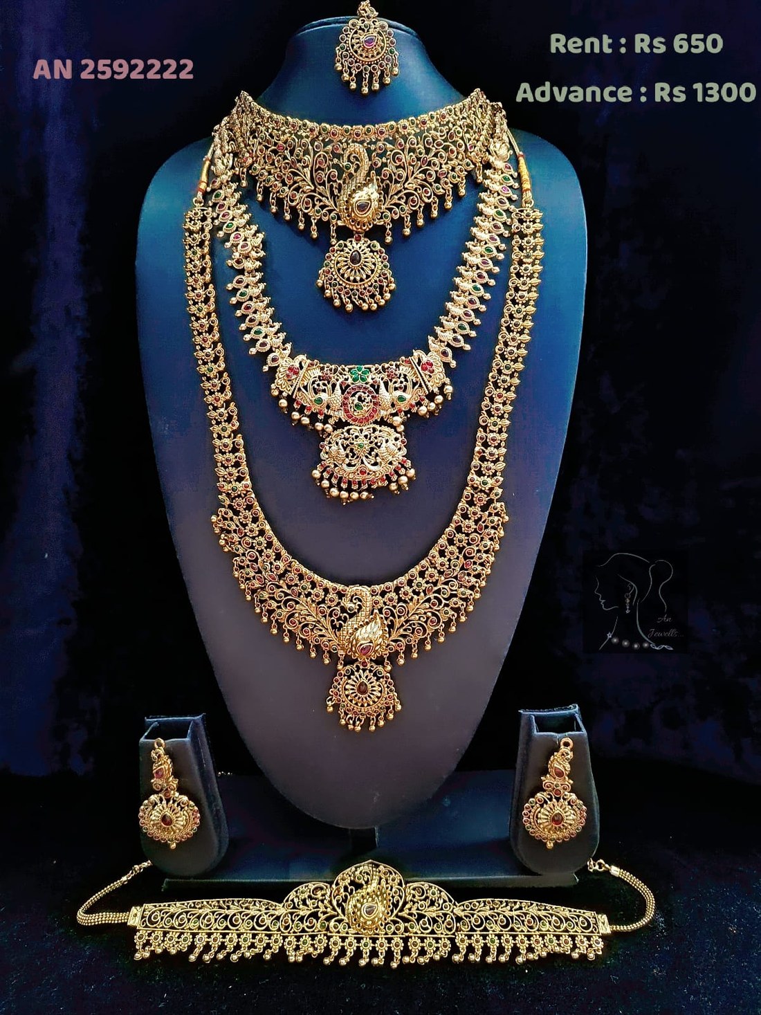 AN 2592222 Peacock Motif Grand Bridal Necklace Set with Waist Belt on rent - Antique Gold, Ruby Red, Emerald Green