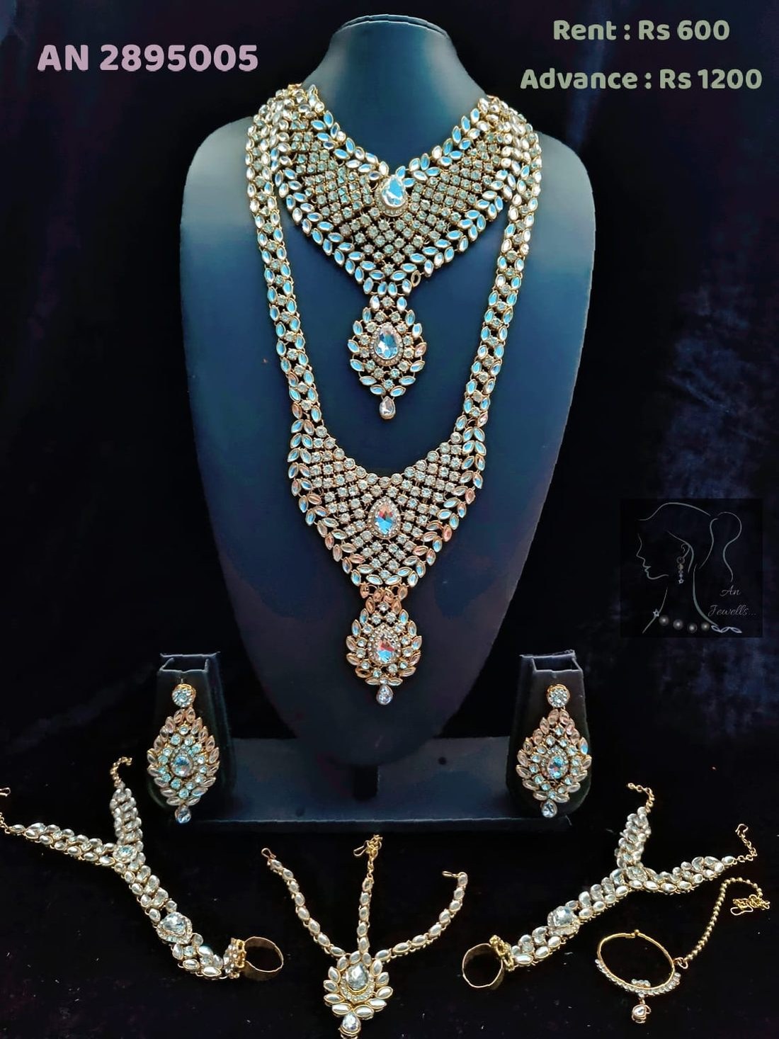 AN 2895005 Kundan Silver Stone Bridal Necklace on rent - sky blue kundan set, jhumka earrings, maang tikka, hath phool, anklet