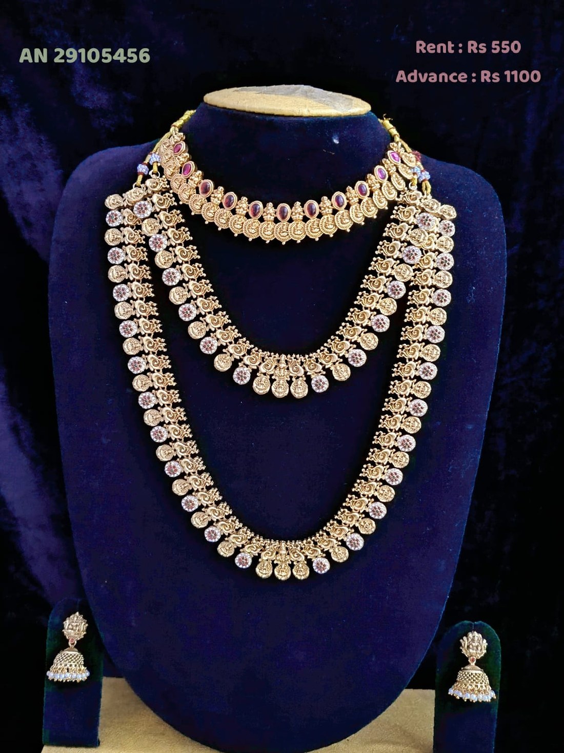 AN 29105456 Antique Gold Three-Layer Ruby Necklace Set on rent - Antique Gold, Ruby Red