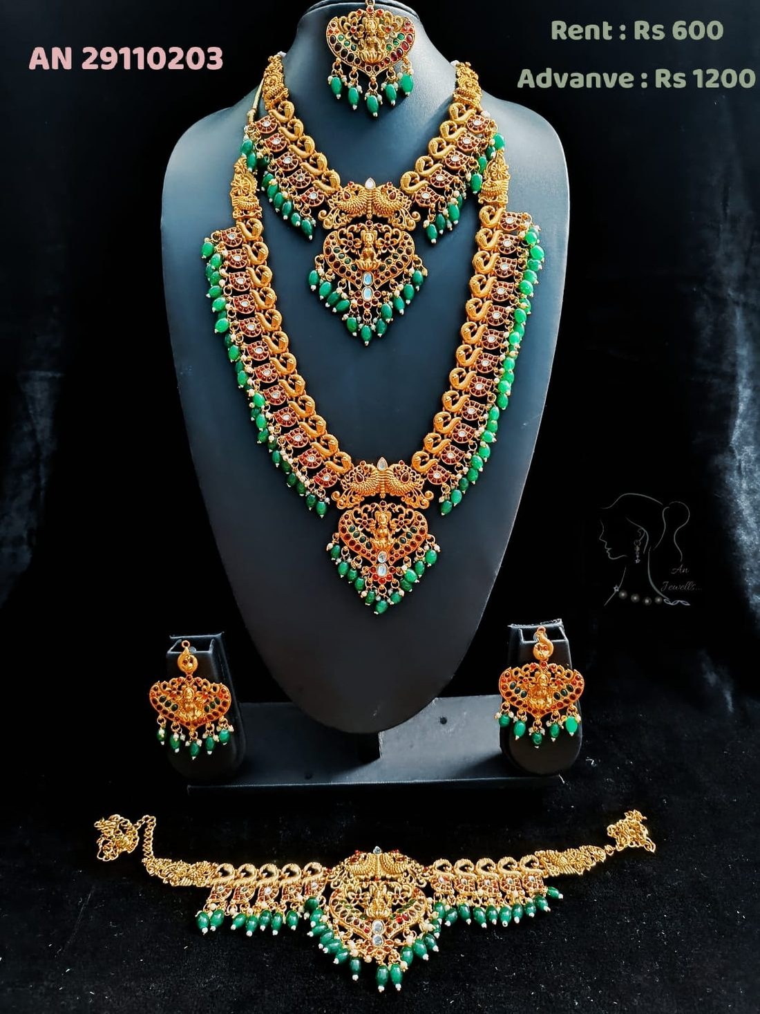 AN 29110203 Peacock Motif Temple Necklace Set on rent - kemp stone bridal jewellery, maang tikka, jhumka earrings, vanki