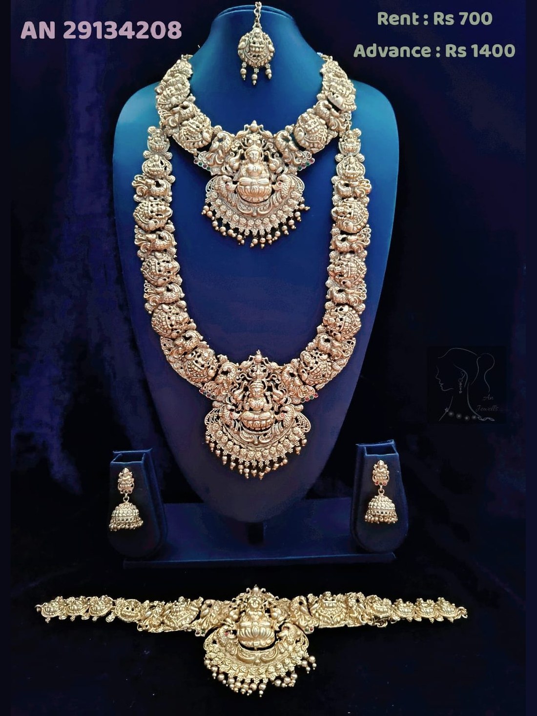 AN 29134208 Antique Matte Lakshmi Haram Set on rent - matte gold temple jewellery, jhumka earrings, maang tikka, vanki