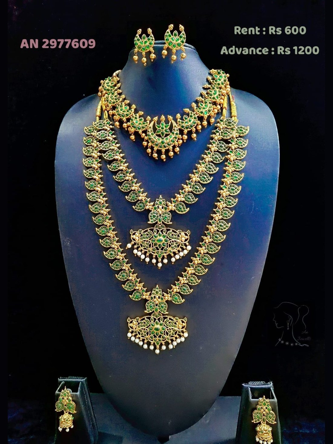 AN 2977609 Emerald Peacock Layered Necklace Set on rent - green kemp stone bridal jewellery, jhumka earrings, maang tikka