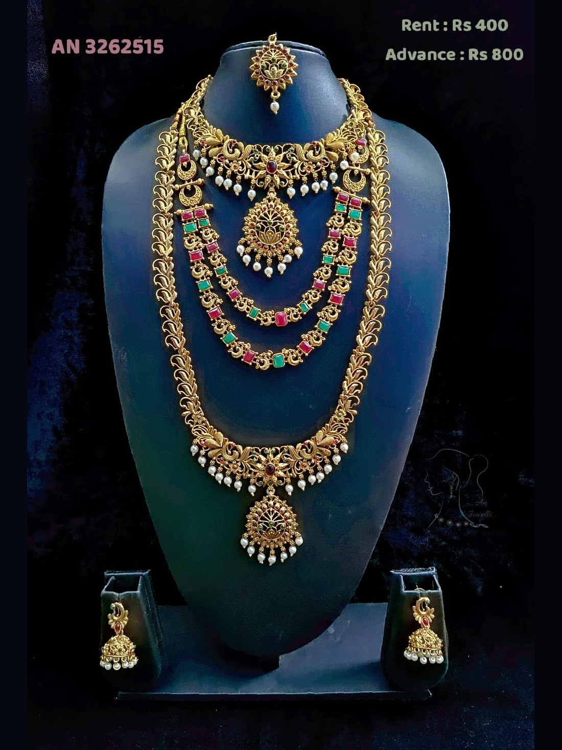 AN 3262515 Antique Gold Multi-Strand Ruby Emerald Necklace Set on rent - Antique Gold, Ruby Red, Emerald Green, Pearl White