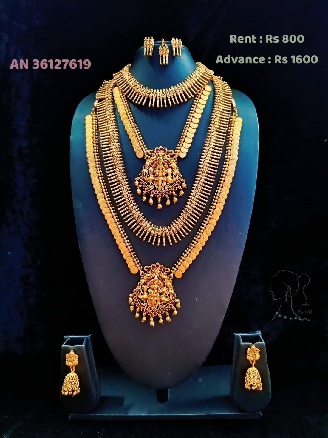 AN 36127619 Antique Gold Coin Spike Lakshmi Necklace Set on rent - Antique Gold, Ruby Red