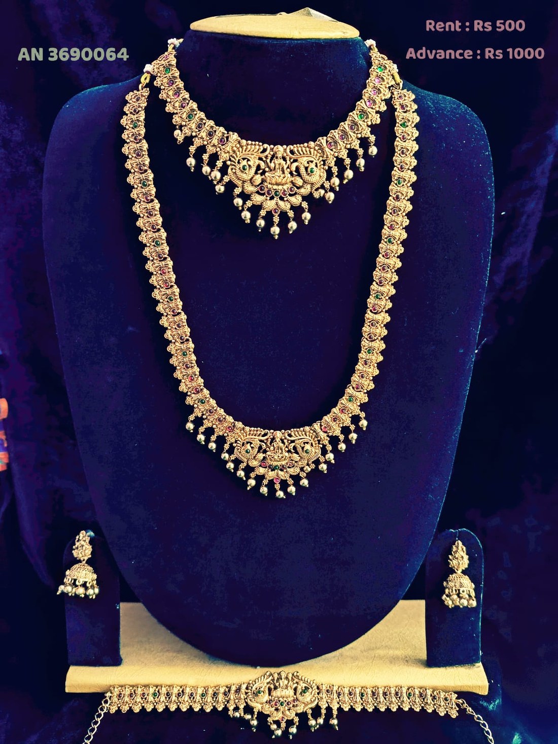 AN 3690064 Antique Gold Ruby Emerald Double-Layer Lakshmi Necklace Set on rent - Antique Gold, Ruby Red, Emerald Green