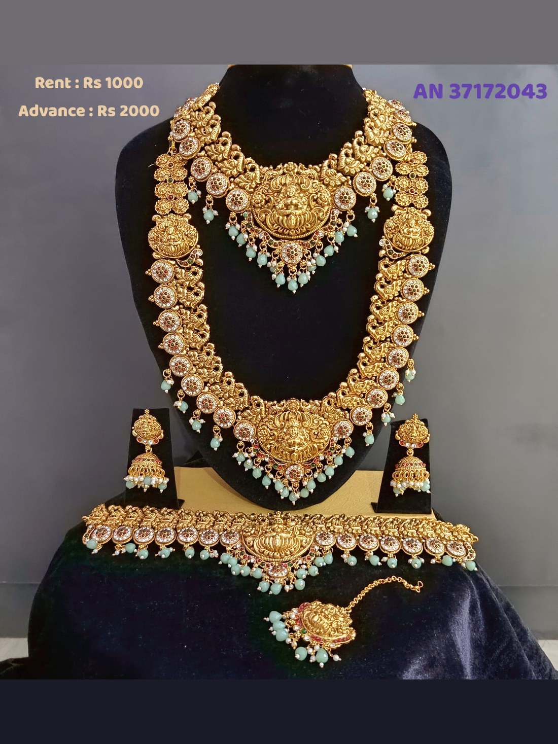 AN 37172043 Antique Gold Triple Lakshmi Haram Set on rent - Antique Gold, Mint Green, Pearl White