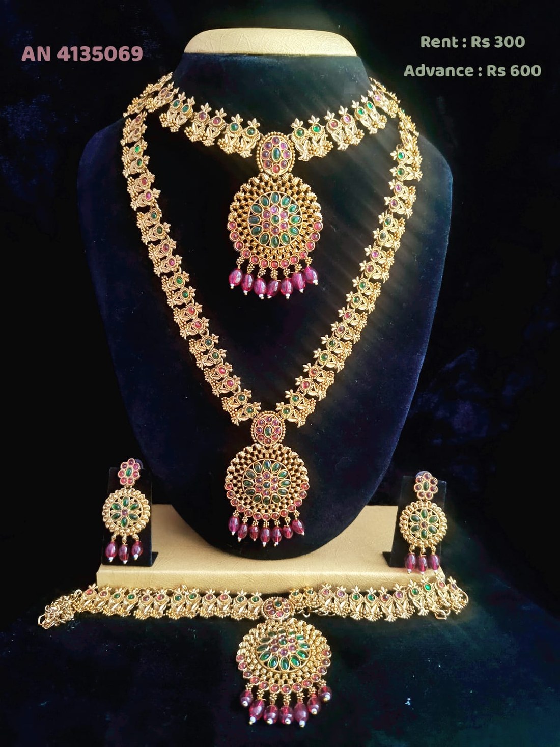 AN 4135069 Antique Gold Pendant Necklace with Anklet Set on rent - Antique Gold, Ruby Red, Emerald Green