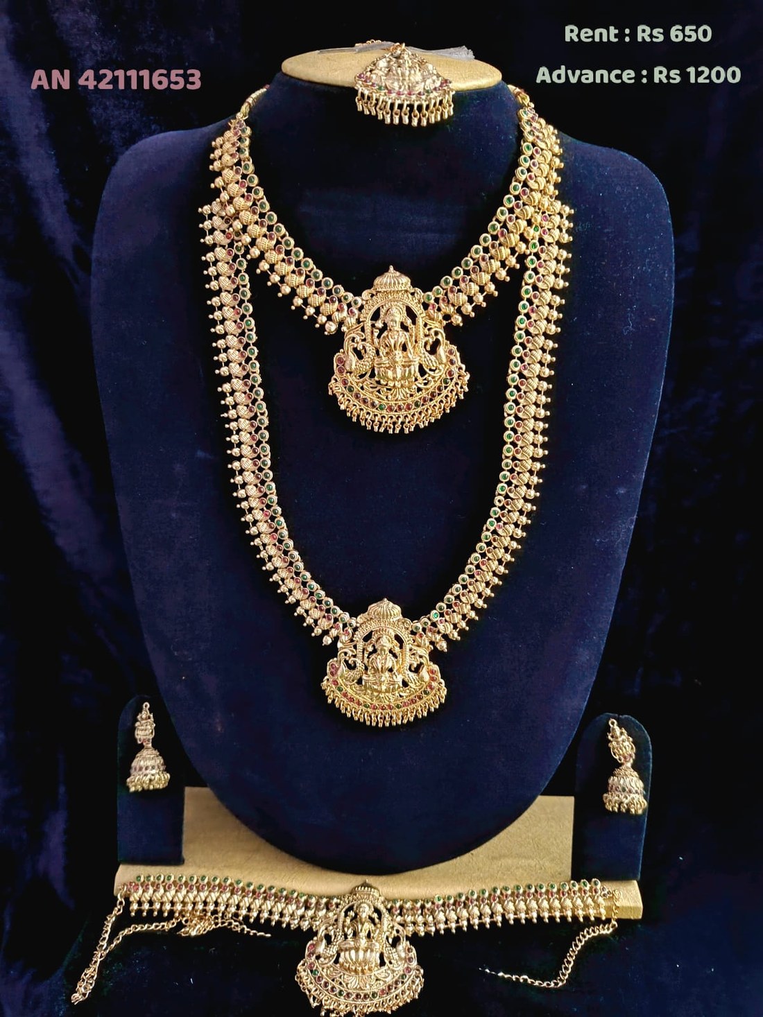 AN 42111653 Antique Gold Double-Layer Lakshmi Haram with Belt on rent - Antique Gold, Ruby Red, Emerald Green