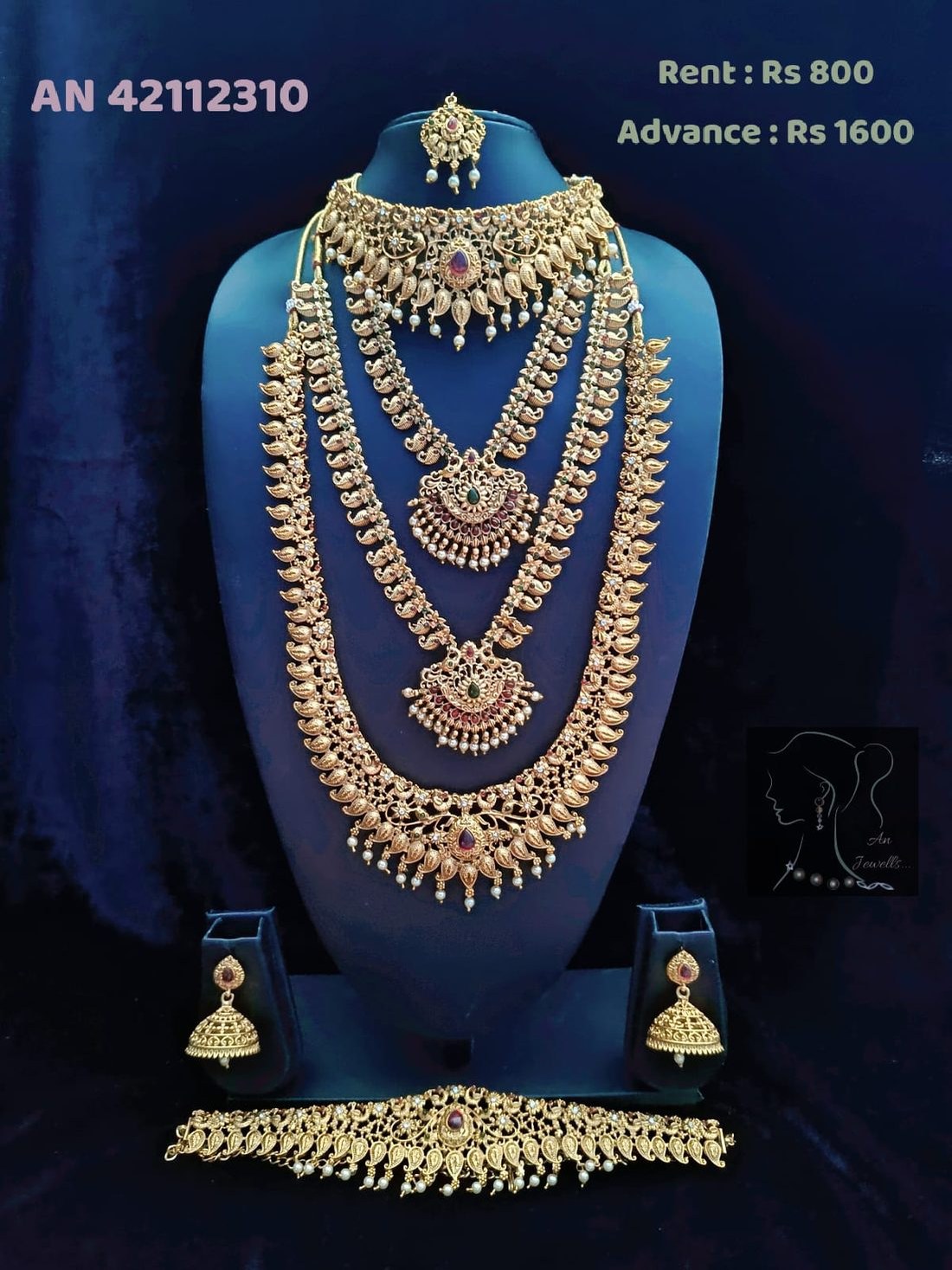 AN 42112310 Mango Motif Layered Choker Set on rent - antique gold paisley bridal necklace, jhumka earrings, maang tikka, vanki