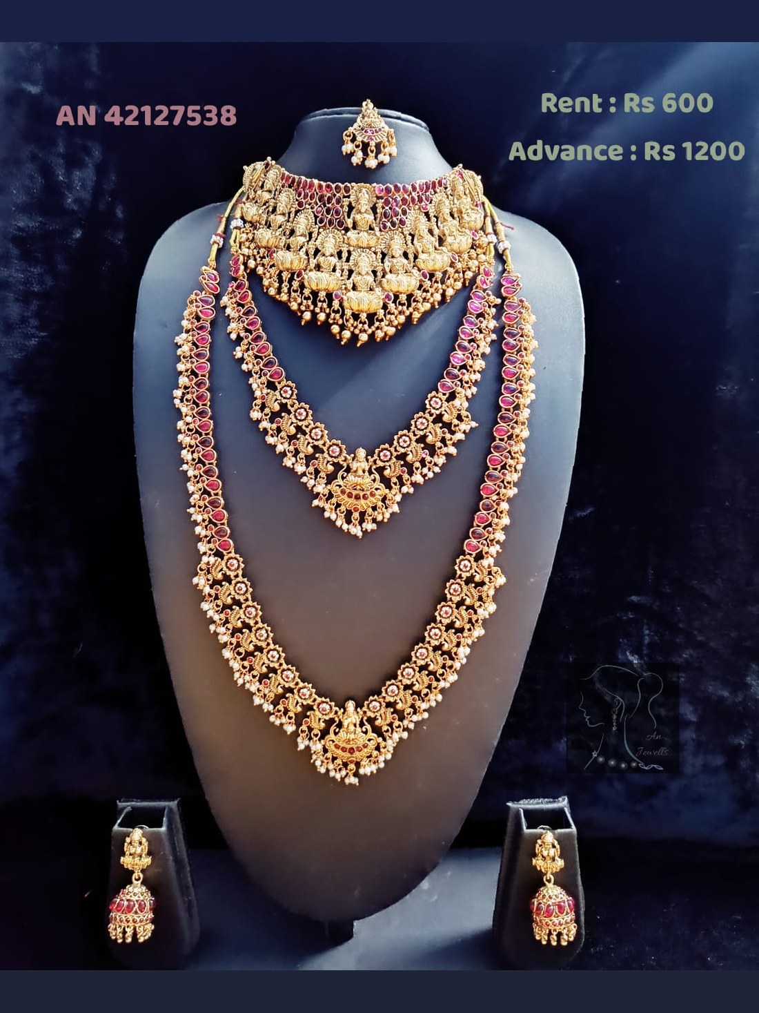 AN 42127538 Antique Ruby Kemp Triple-Layer Lakshmi Necklace Set on rent - Antique Gold, Ruby Red, Pearl White