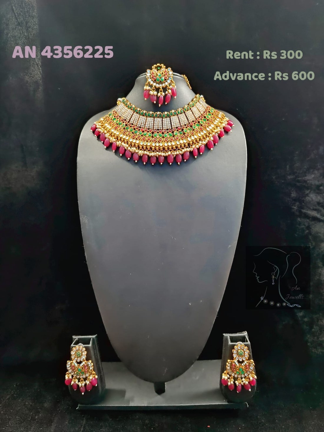 AN 4356225 CZ Diamond Ruby Pink Bead Choker Set on rent - Gold, CZ White, Pink, Emerald Green
