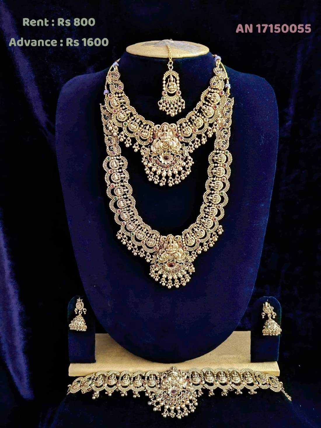 AN 47141060 Antique Gold Coin & Emerald Layered Necklace Set on rent - Antique Gold, Emerald Green