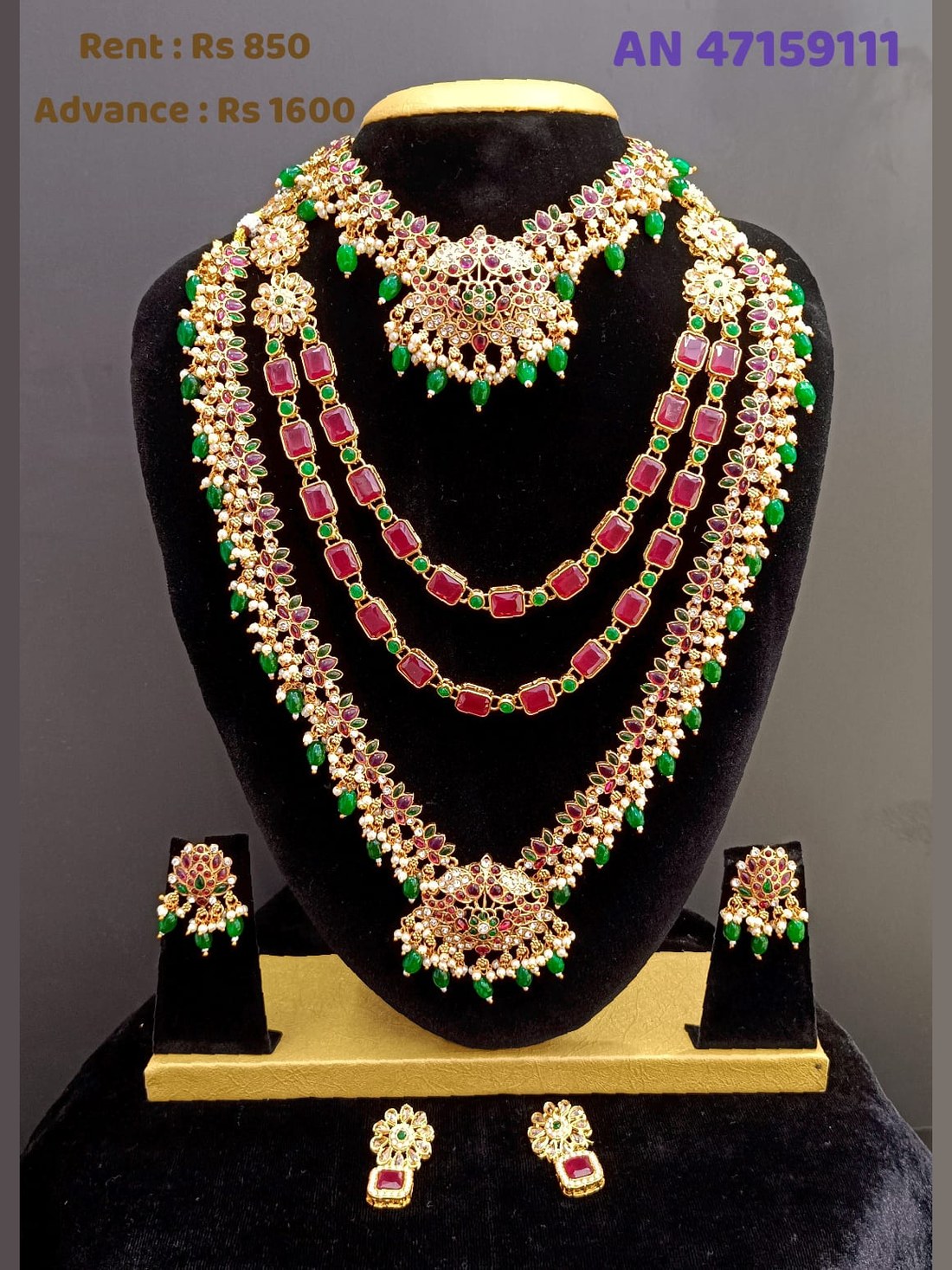 AN 47159111 Ruby Emerald Multi-Layer Bridal Necklace Set on rent - Gold, Ruby Red, Emerald Green, Pearl White