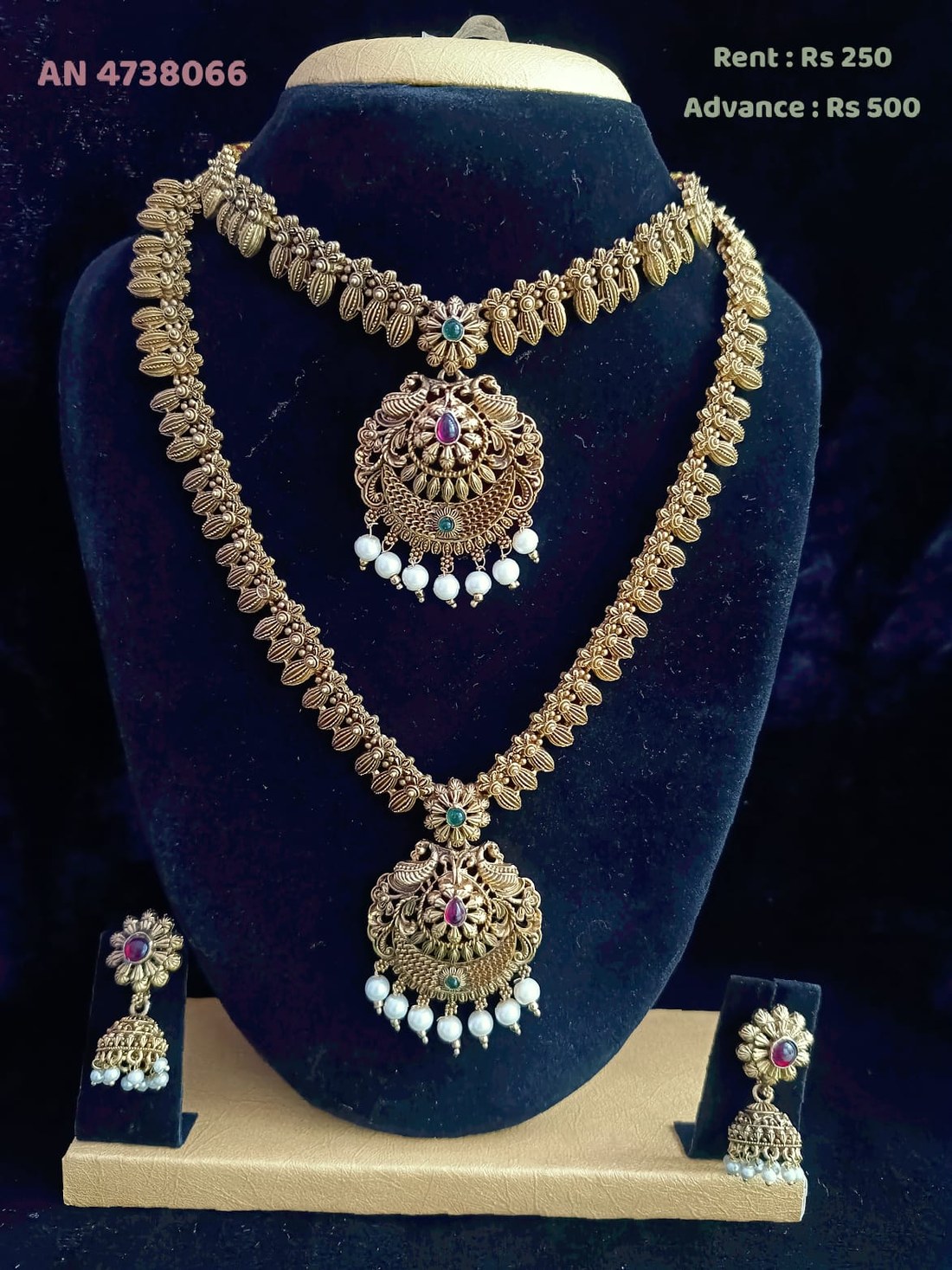 AN 4738066 Antique Gold Floral Double-Layer Necklace Set on rent - Antique Gold, Ruby Red, Emerald Green, Pearl White