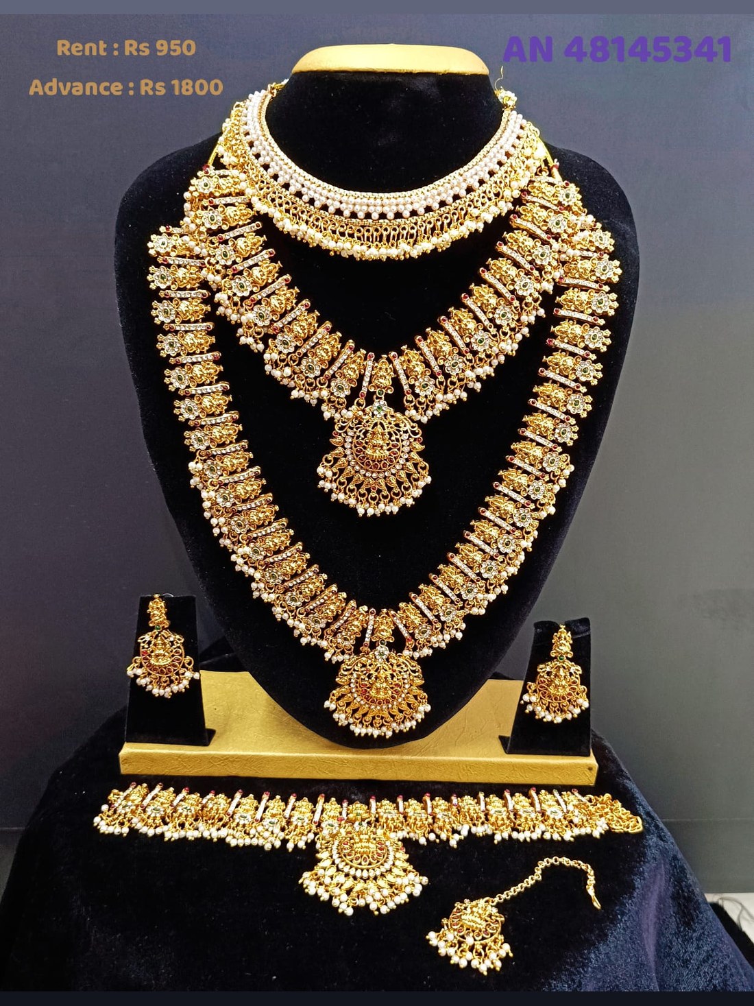 AN 48145341 Bridal Pearl & Gold Haram Set with Waist Belt on rent - Antique Gold, Pearl White, Ruby Red, Emerald Green