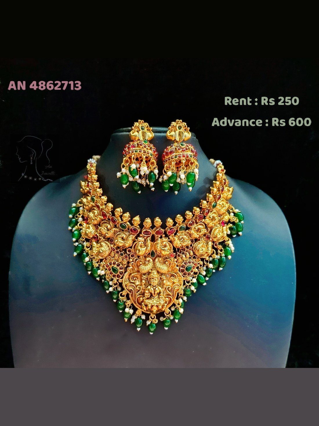 AN 4862713 Antique Gold Peacock Lakshmi Choker with Emerald Drops on rent - Antique Gold, Emerald Green, Ruby Red, Pearl White