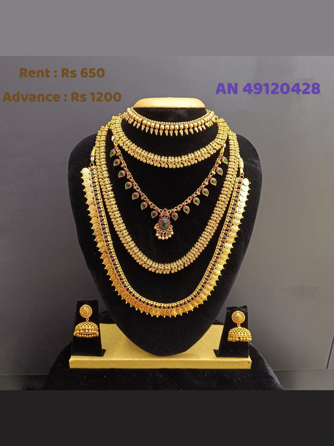 AN 49120428 Multi-Layer Coin & Chain Necklace Set on rent - Gold, Emerald Green, Ruby Pink