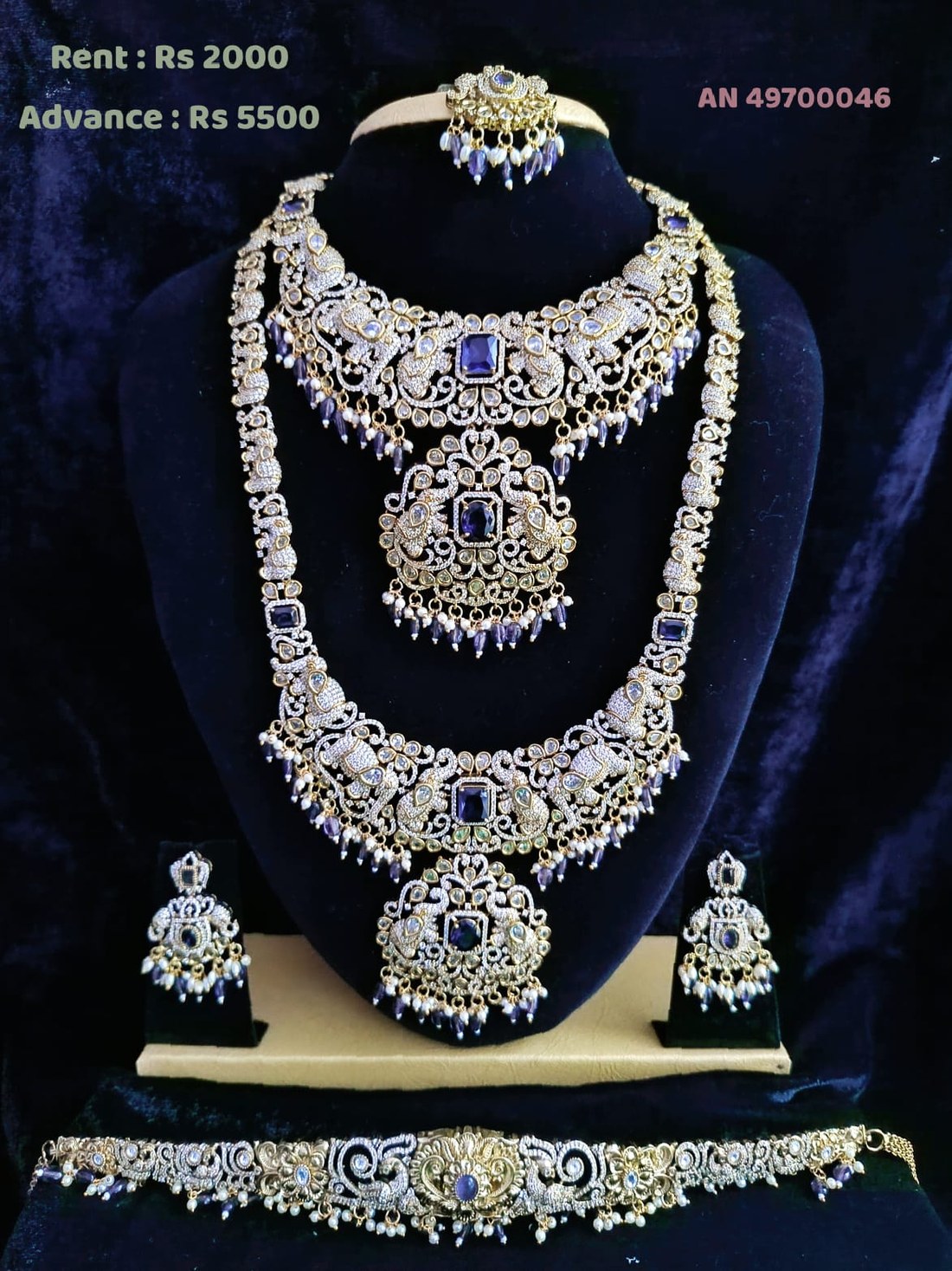 AN 49700046 Sapphire Blue CZ Peacock Bridal Necklace Set on rent - Silver, CZ White, Sapphire Blue, Pearl White