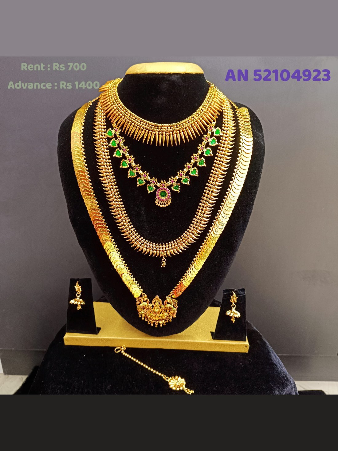 AN 52104923 Temple Coin & Spike Layered Necklace Set on rent - Antique Gold, Ruby Red, Emerald Green
