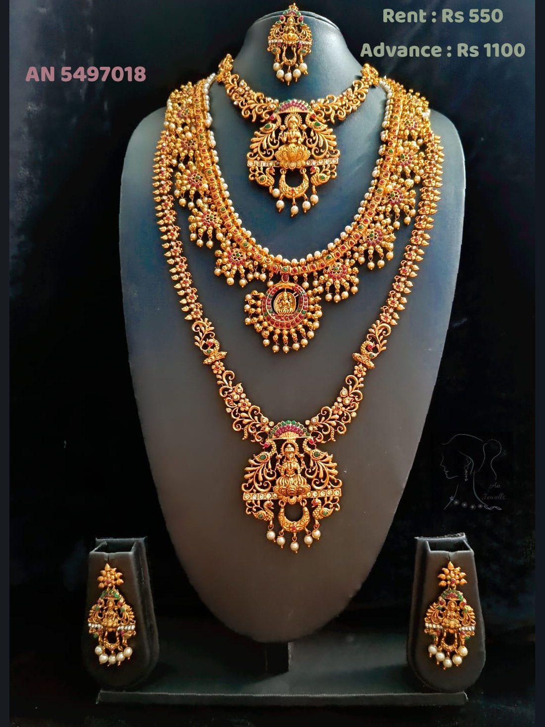 AN 5497018 Antique Gold Filigree Lakshmi Triple-Layer Necklace Set on rent - Antique Gold, Ruby Red, Emerald Green, Pearl White