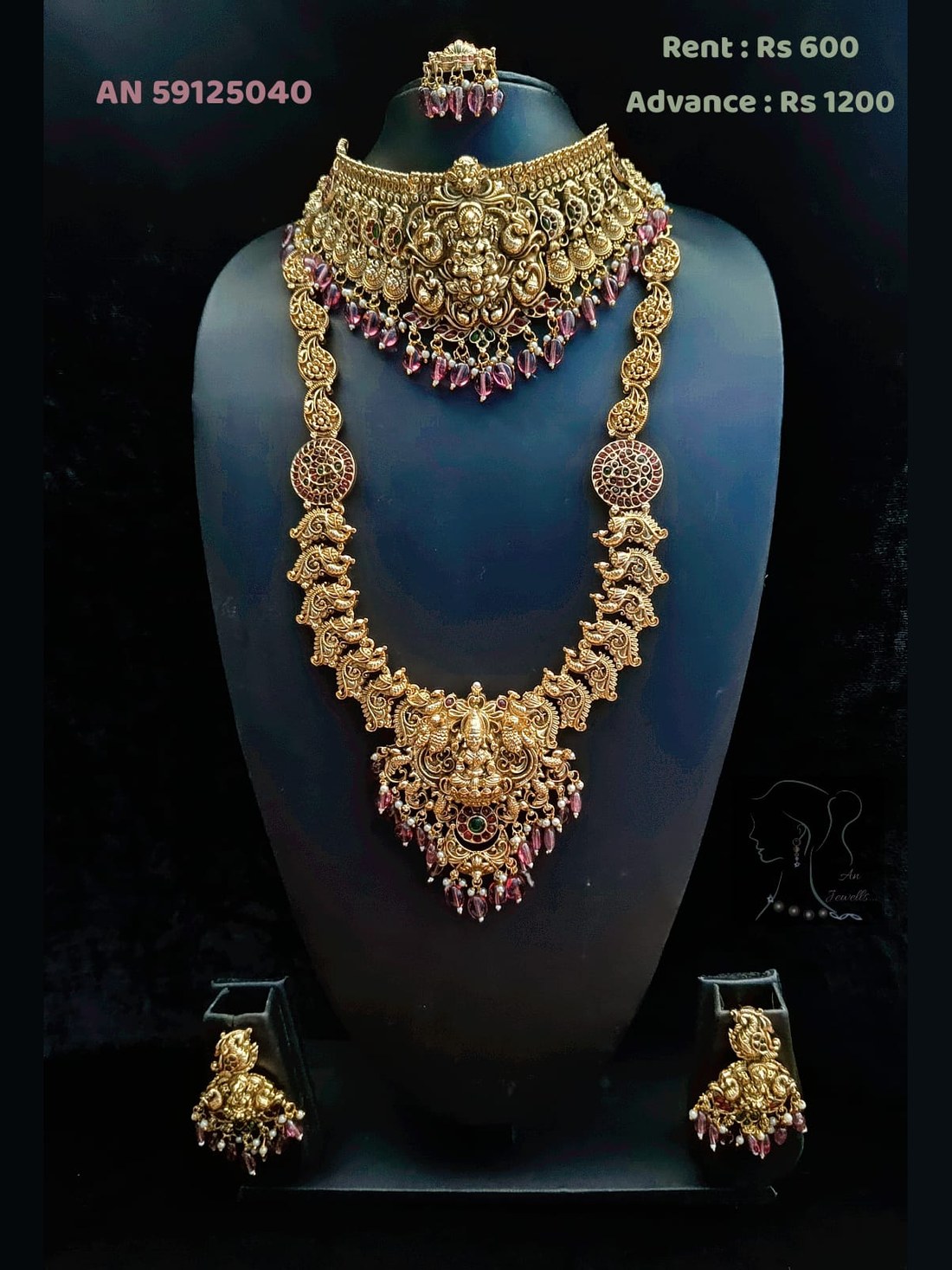 AN 59125040 Antique Gold Lakshmi Choker with Purple Drop Haram on rent - Antique Gold, Purple, Emerald Green