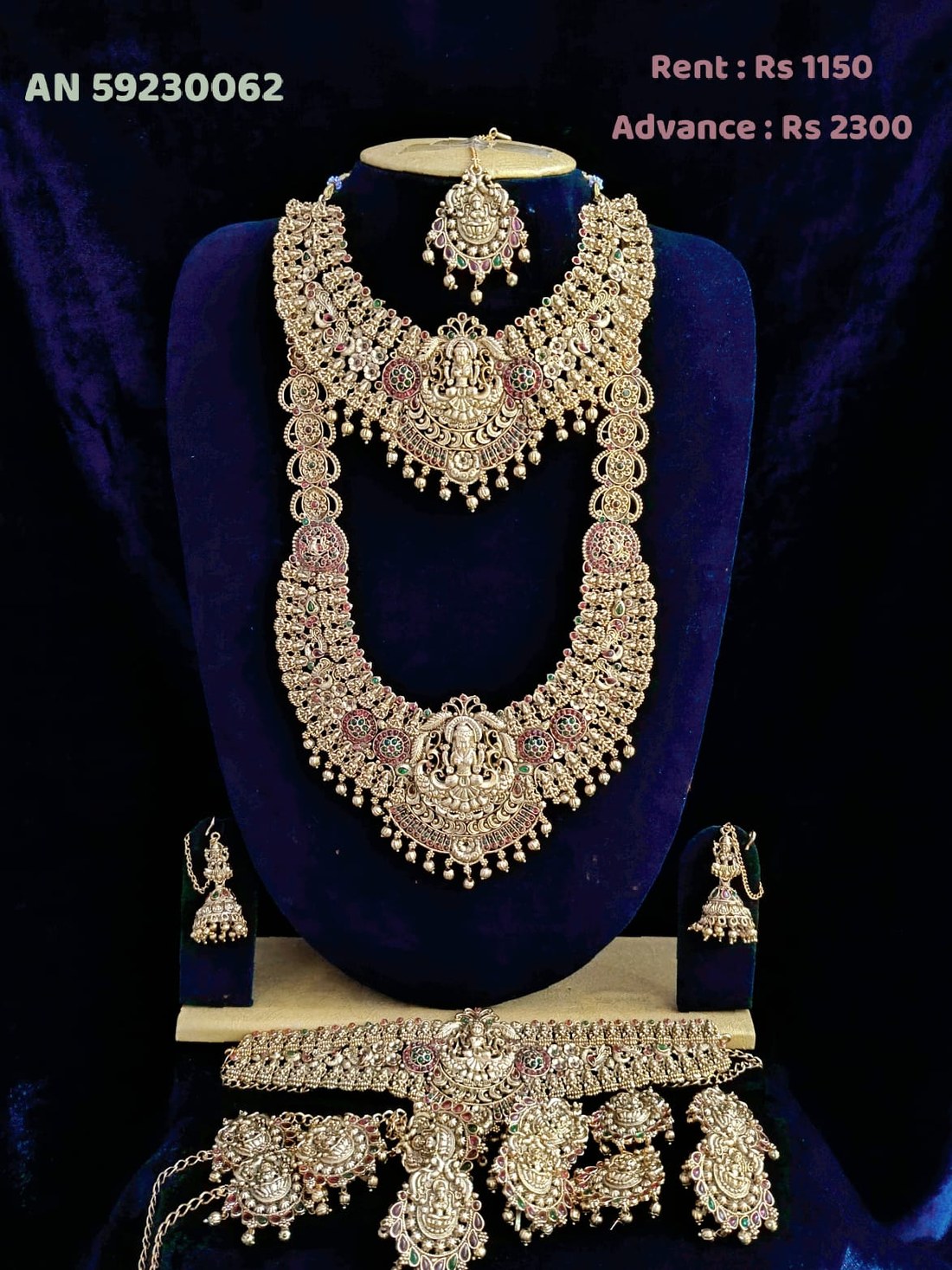 AN 59230062 Grand Bridal Lakshmi Necklace Set with Waist Belt on rent - Antique Gold, Ruby Red, Emerald Green