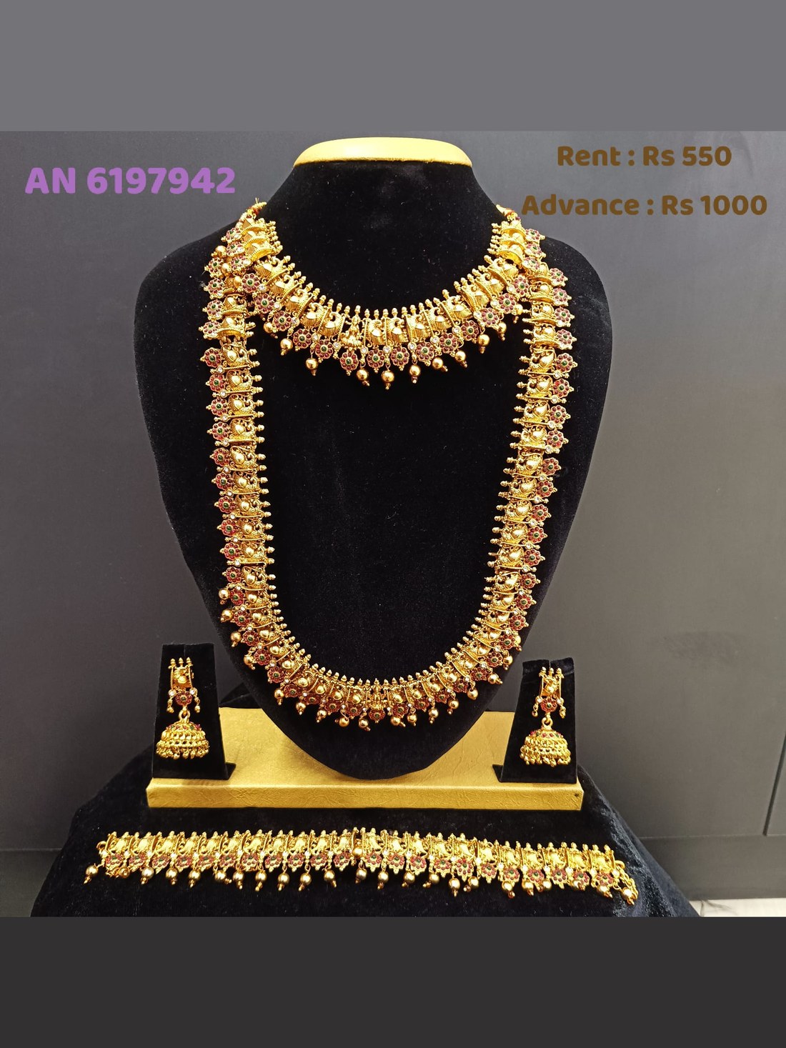 AN 6197942 Antique Gold Long Layered Necklace Set on rent - Antique Gold, Ruby Red, Emerald Green