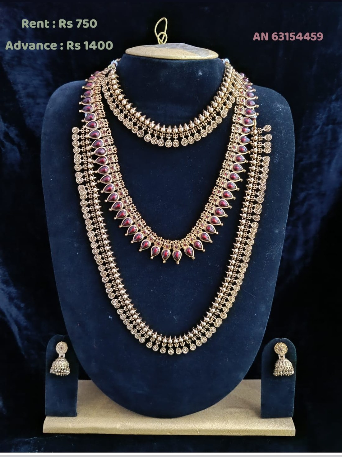 AN 63154459 Antique Gold Garnet Drop Triple-Layer Necklace Set on rent - Antique Gold, Garnet Red