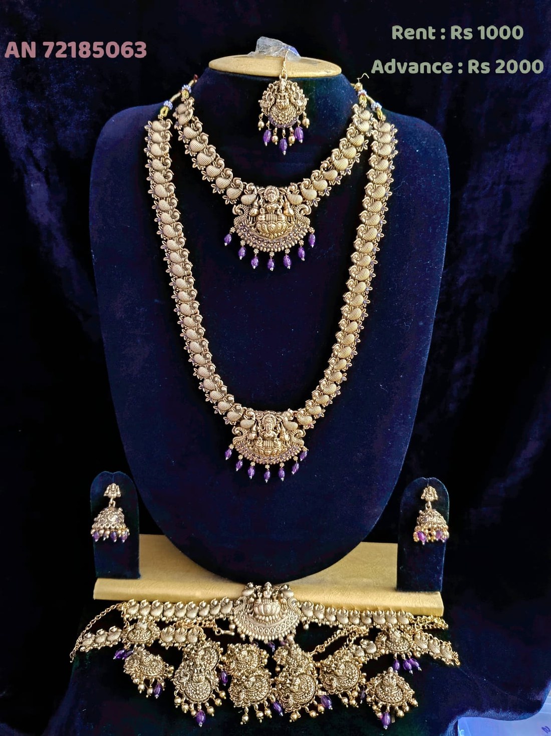 AN 72185063 Antique Gold Layered Lakshmi Necklace Set with Purple Drops on rent - Antique Gold, Purple