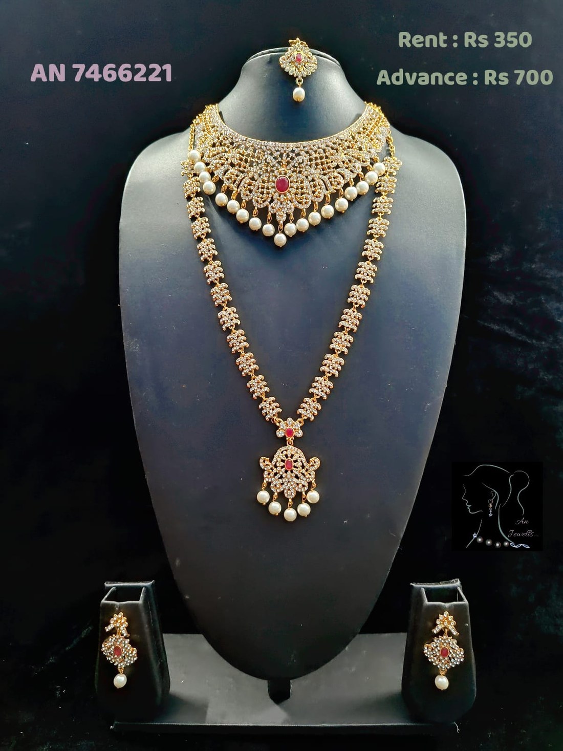 AN 7466221 CZ Diamond Pearl Drop Bridal Necklace Set on rent - Gold, CZ White, Pearl White, Ruby Red