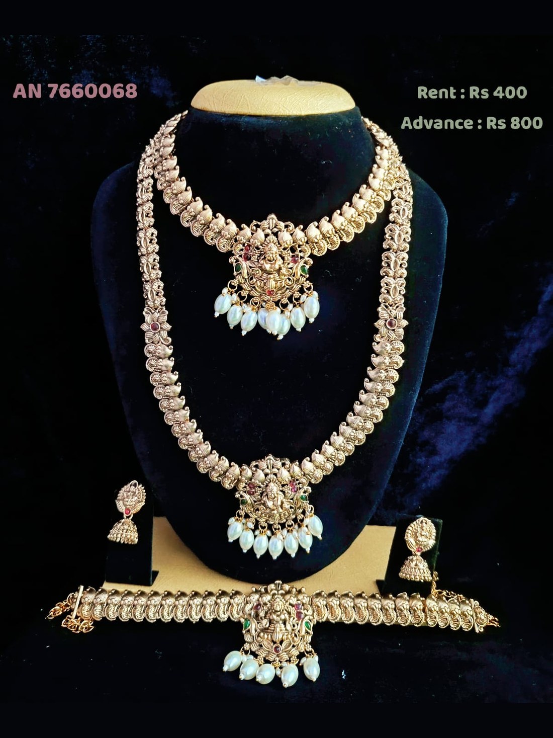 AN 7660068 Antique Gold Pearl Drop Lakshmi Haram Set on rent - Antique Gold, Pearl White