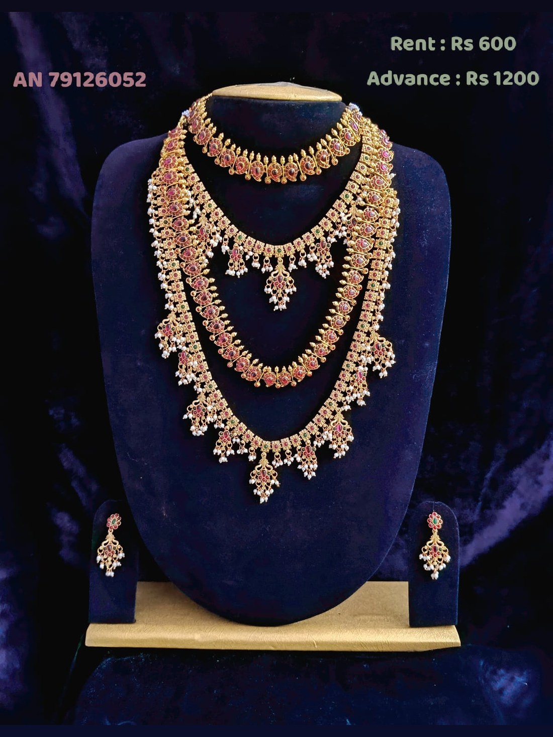AN 79126052 Antique Gold Ruby Pearl Drop Haram Set on rent - Antique Gold, Ruby Red, Pearl White