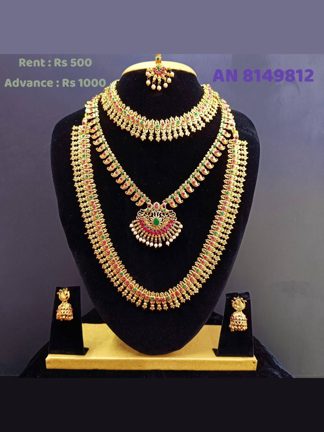 AN 8149812 Antique Gold Kemp Stone Layered Necklace Set on rent - Antique Gold, Ruby Red, Emerald Green