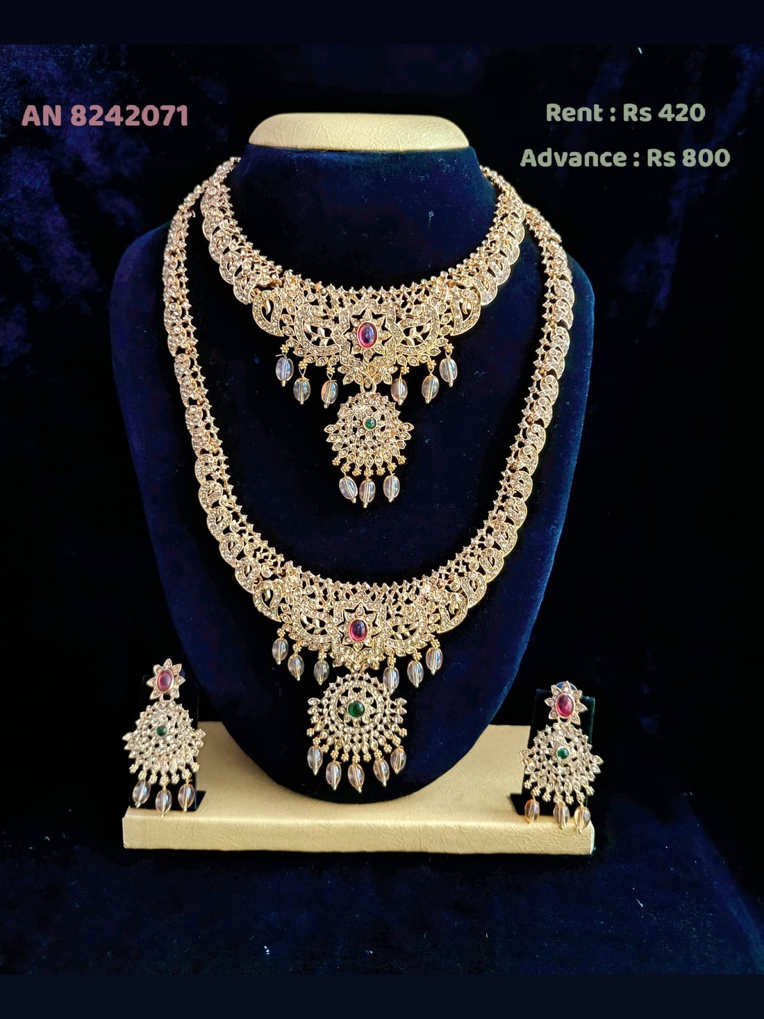 AN 8242071 CZ Diamond Double-Layer Bridal Choker Set on rent - Gold, CZ White, Ruby Red, Emerald Green
