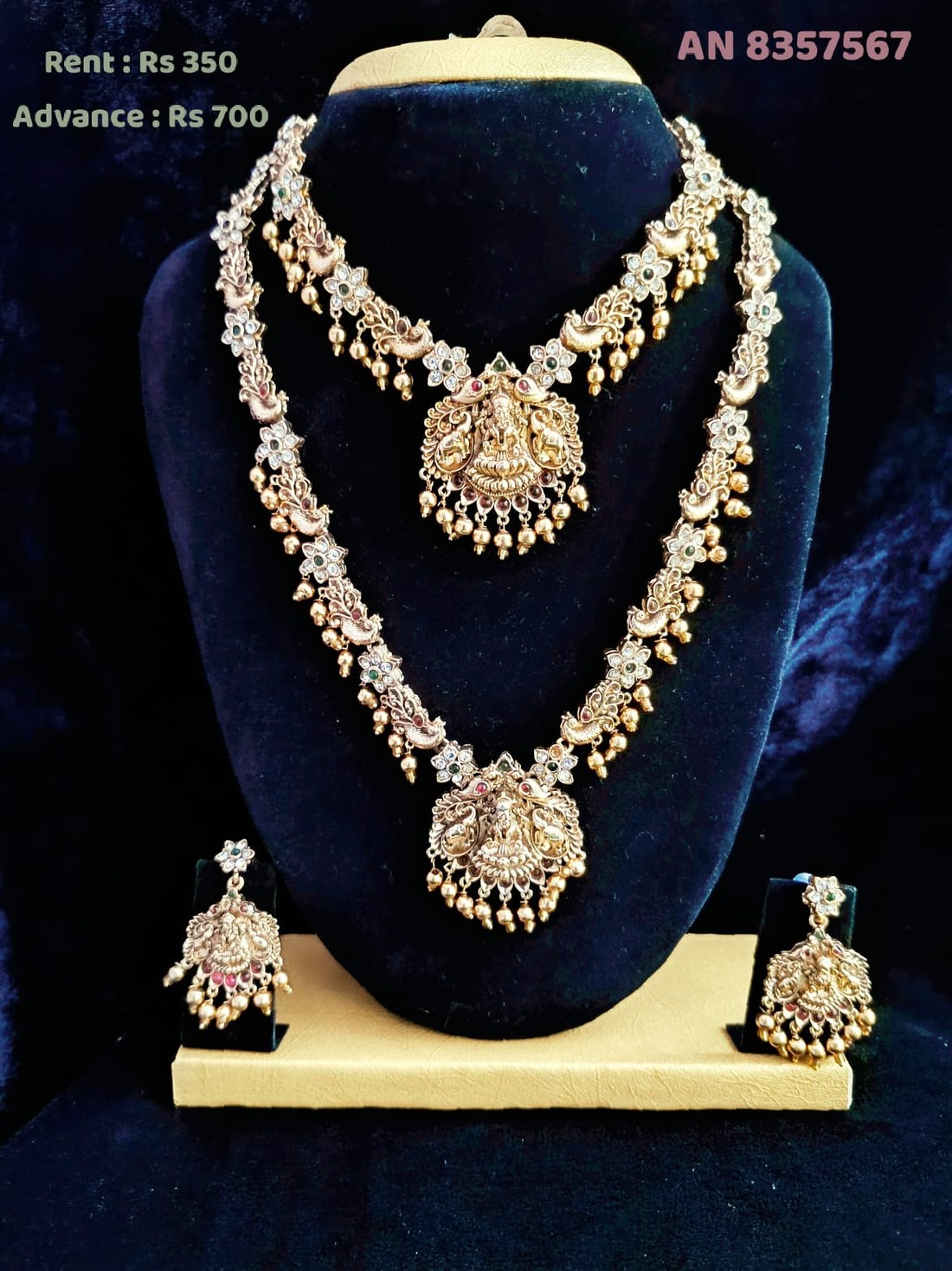 AN 8357567 Antique Kundan Peacock Lakshmi Necklace Set on rent - Antique Gold, Kundan White, Ruby Red, Emerald Green