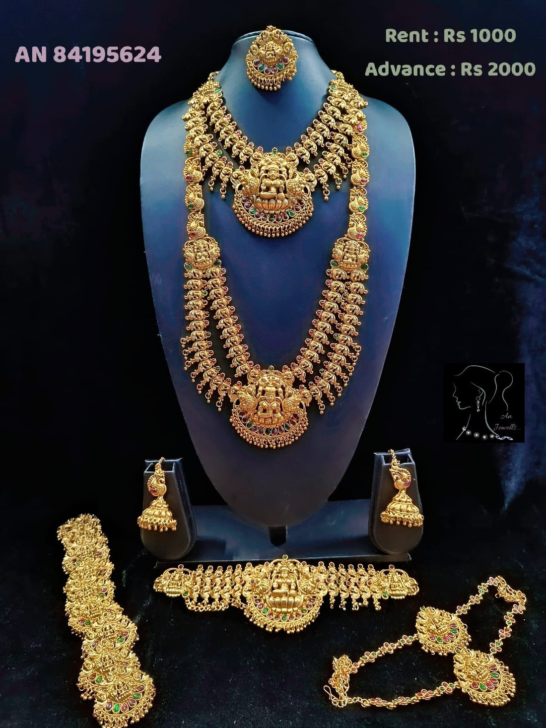 AN 84195624 Grand Antique Gold Triple-Layer Lakshmi Bridal Set on rent - Antique Gold, Ruby Red, Emerald Green