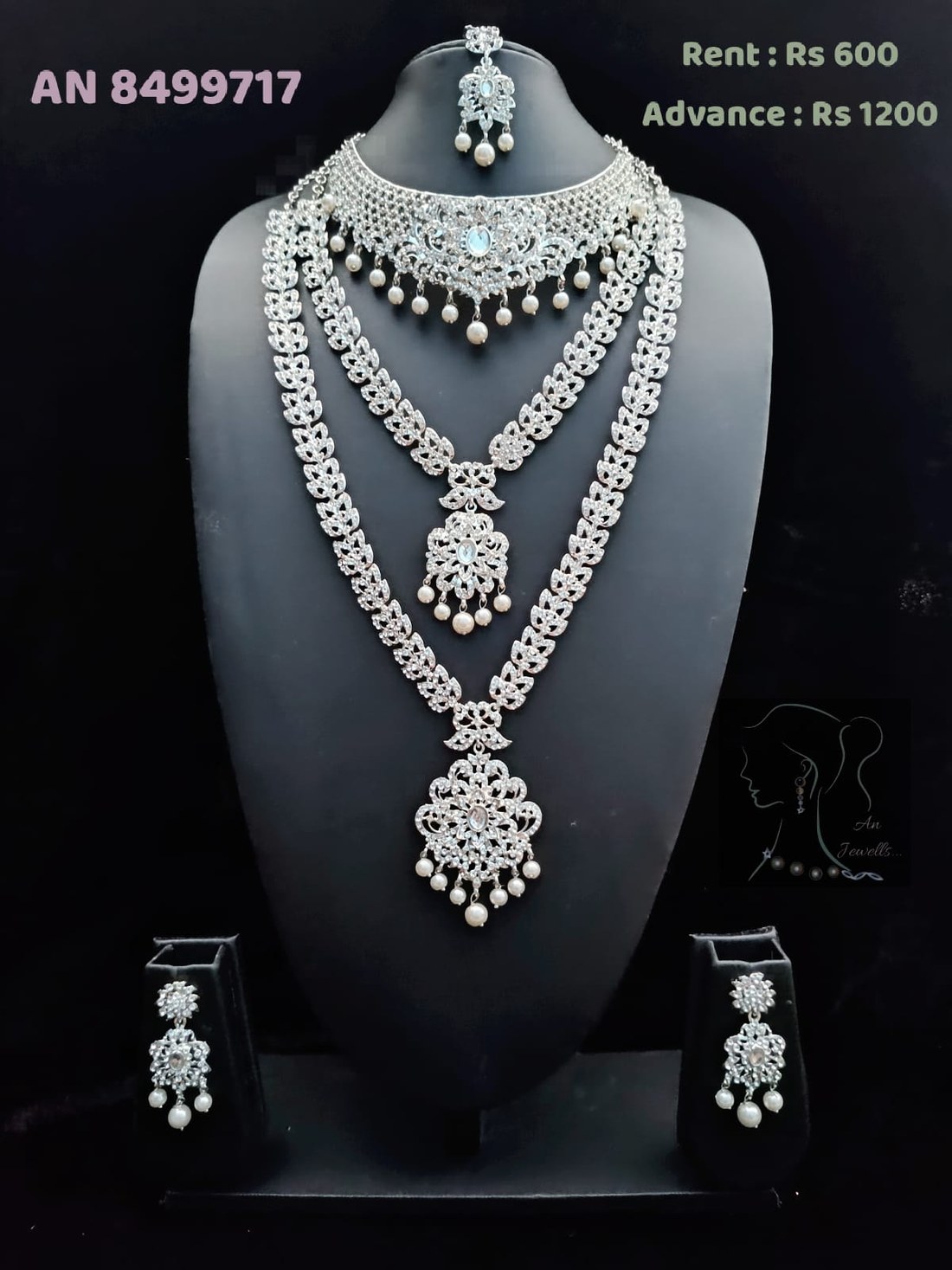AN 8499717 Silver CZ Diamond Triple-Layer Bridal Necklace Set on rent - Silver, CZ White, Pearl White
