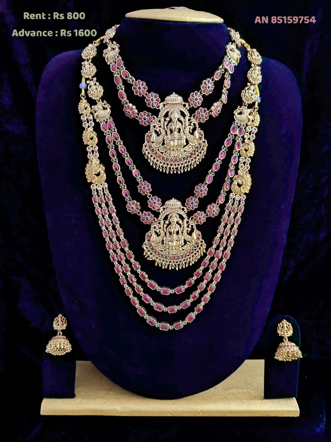 AN 85159754 Ruby Floral Four-Layer Temple Necklace Set on rent - Antique Gold, Ruby Red, Emerald Green