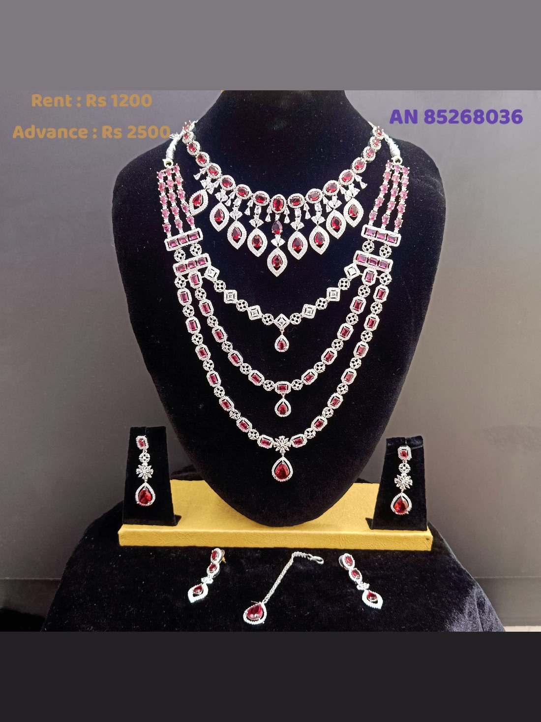 AN 85268036 Ruby Red CZ Four-Layer Necklace Set on rent - Silver, CZ White, Ruby Red