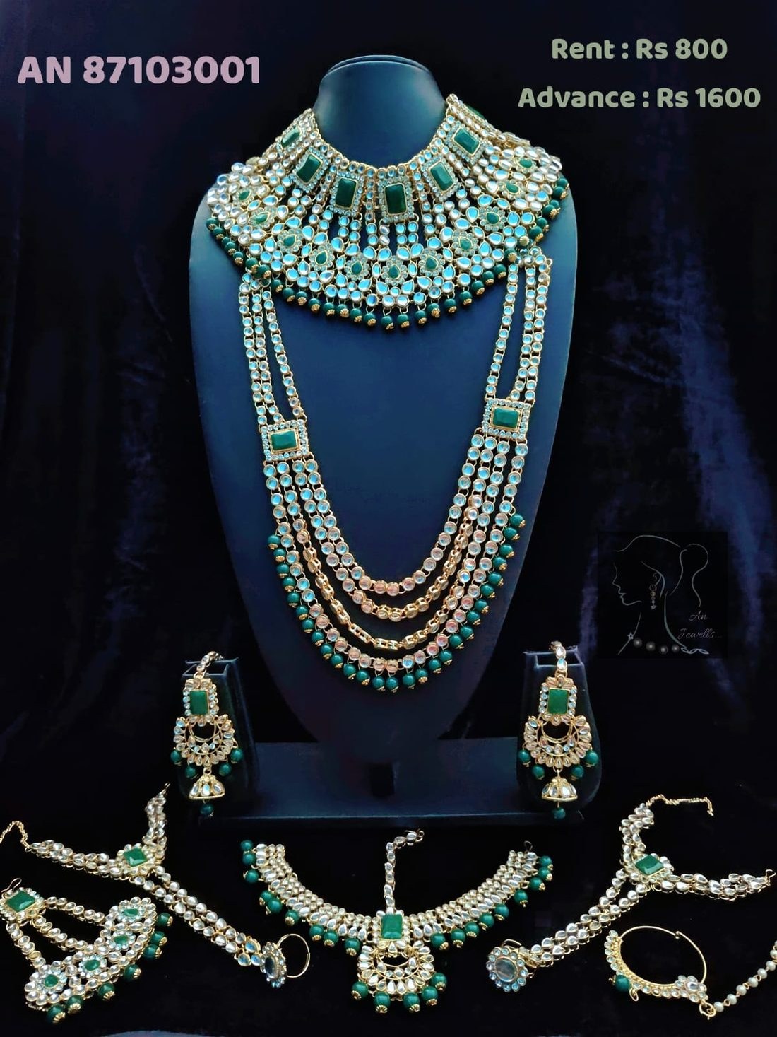 AN 87103001 Emerald Kundan Bridal Choker Set on rent - layered kundan necklace, jhumka earrings, maang tikka, hath phool, nose ring, anklets