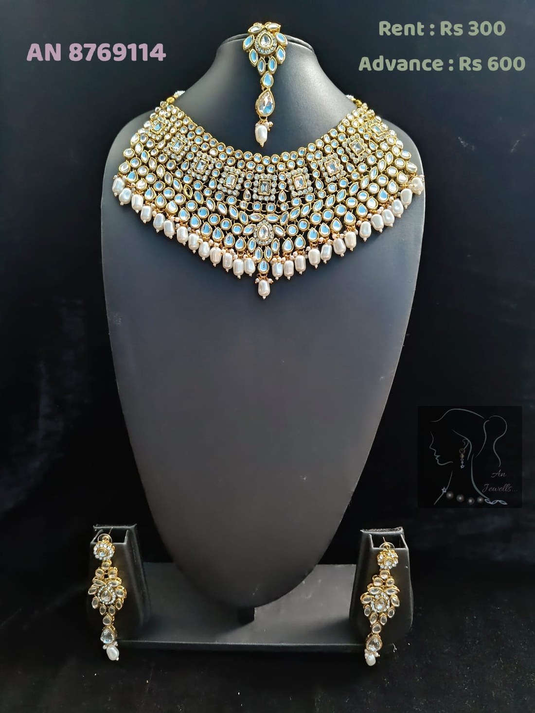 AN 8769114 Kundan Sky Blue Bridal Choker Set on rent - Gold, Sky Blue, Pearl White