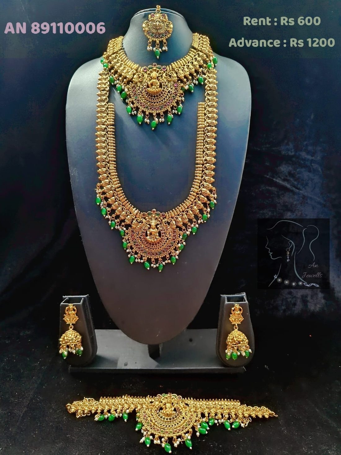 AN 89110006 Antique Lakshmi Haram Set on rent - South Indian temple jewellery, jhumka earrings, vanki