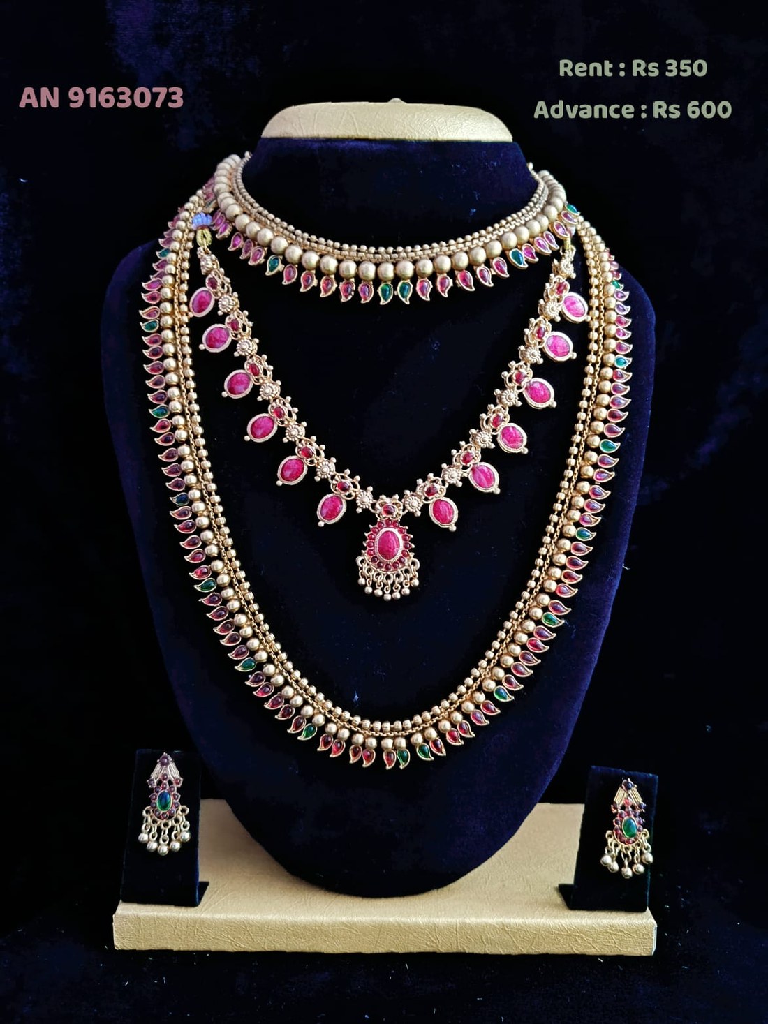 AN 9163073 Kemp Ruby & Emerald 3-Layer Bridal Necklace Set on rent - Gold, Ruby Red, Emerald Green, Pearl White