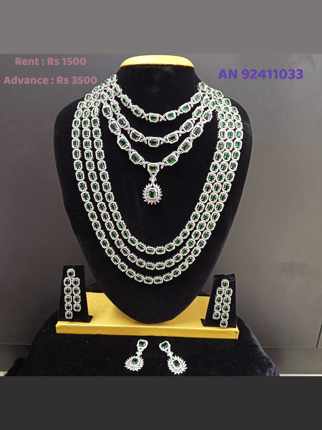 AN 92411033 Emerald CZ Four-Layer Statement Necklace Set on rent - Silver, CZ White, Emerald Green