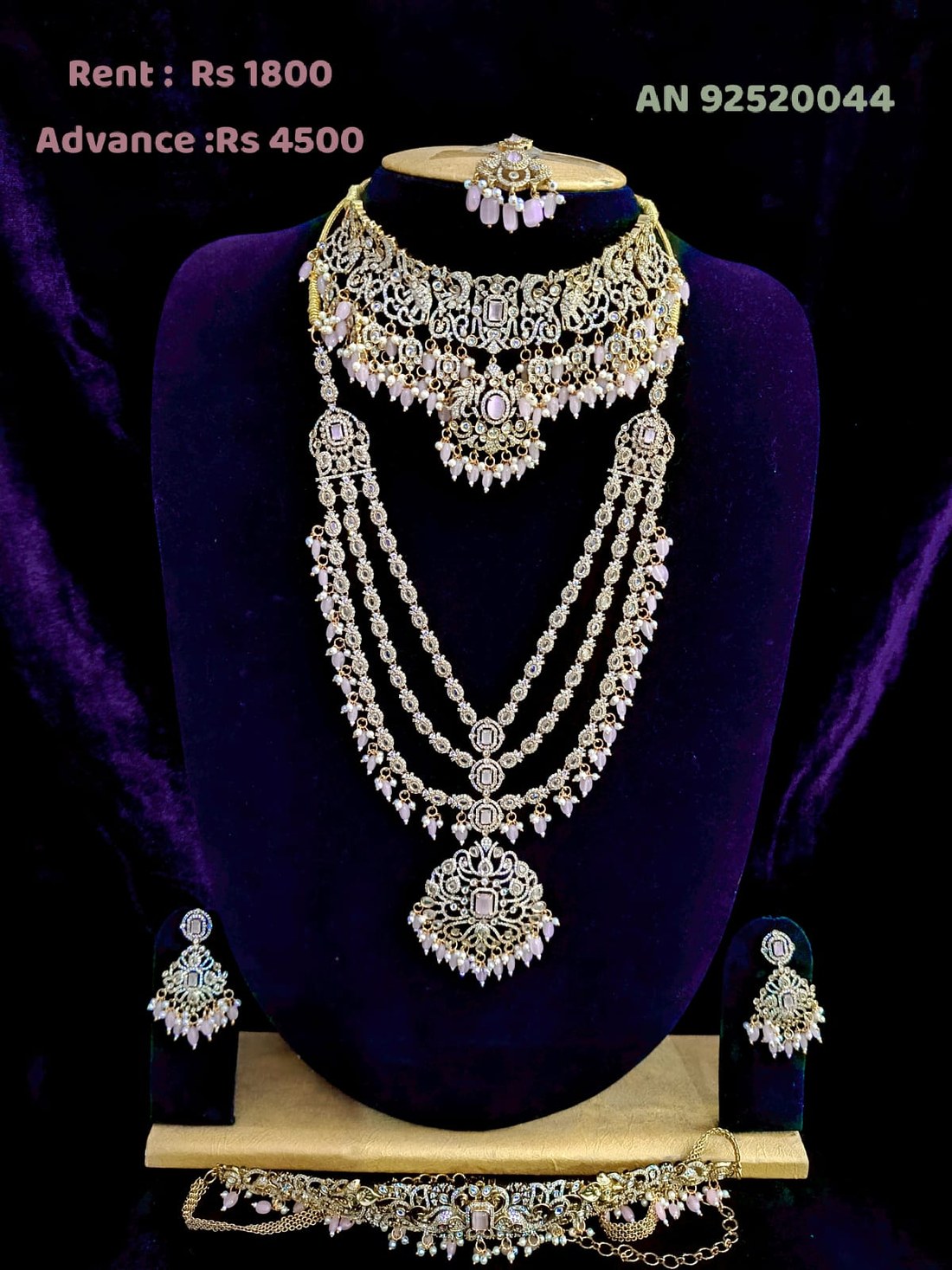 AN 92520044 Blush CZ Diamond Bridal Necklace Set with Waist Belt on rent - Gold, CZ White, Blush Pink, Pearl White