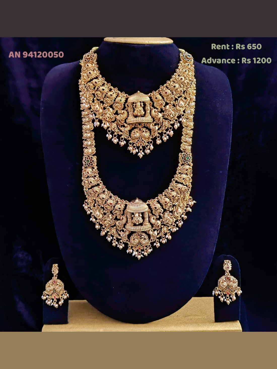 AN 94120050 Antique Gold Mandapam Lakshmi Double-Layer Necklace Set on rent - Antique Gold, Pearl White