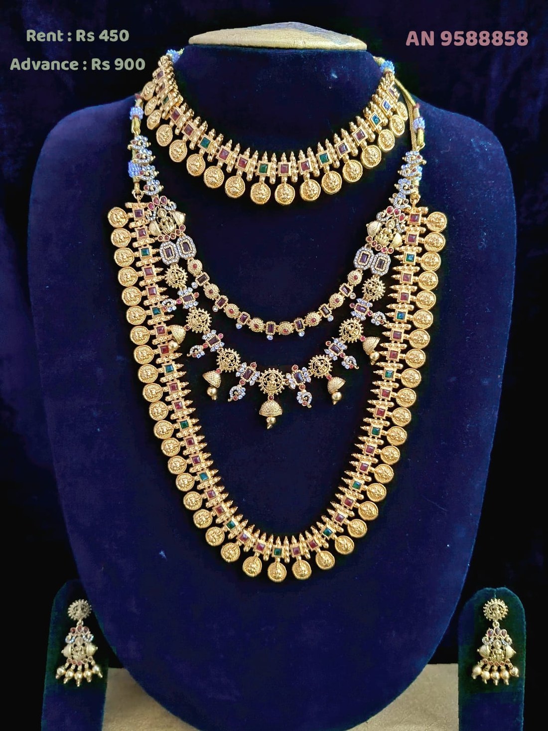 AN 9588858 Antique Gold Coin & CZ Three-Layer Necklace Set on rent - Antique Gold, CZ White, Ruby Red, Emerald Green